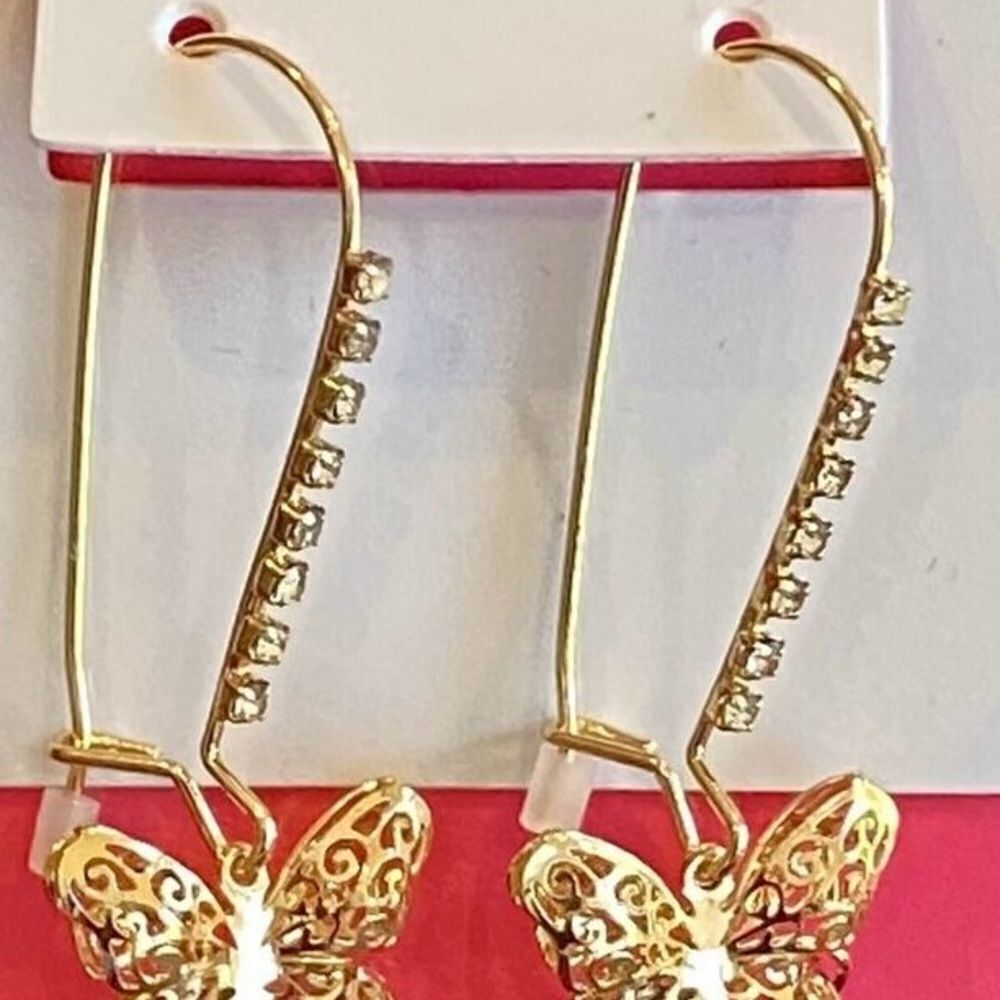 Betsey Johnson Gold Butterfly Blue Crystal Rhinestone Drop Dangle Earrings - Picture 5 of 6